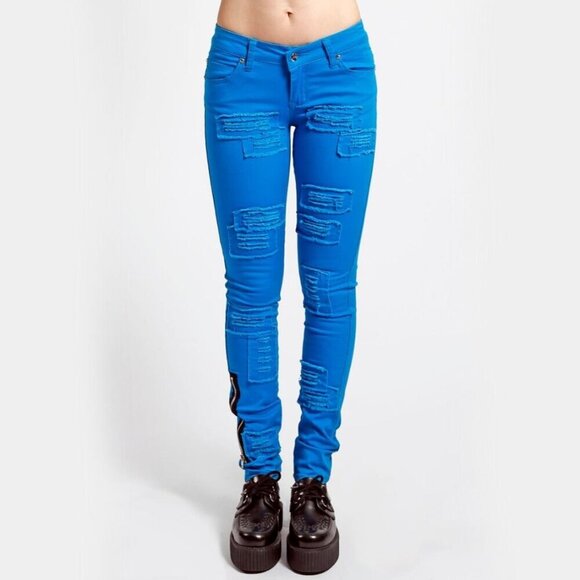 Tripp NYC Distressed Patch Skinny Jeans – Blue Stretch Denim | Ankle Zips | 27 - Picture 1 of 5